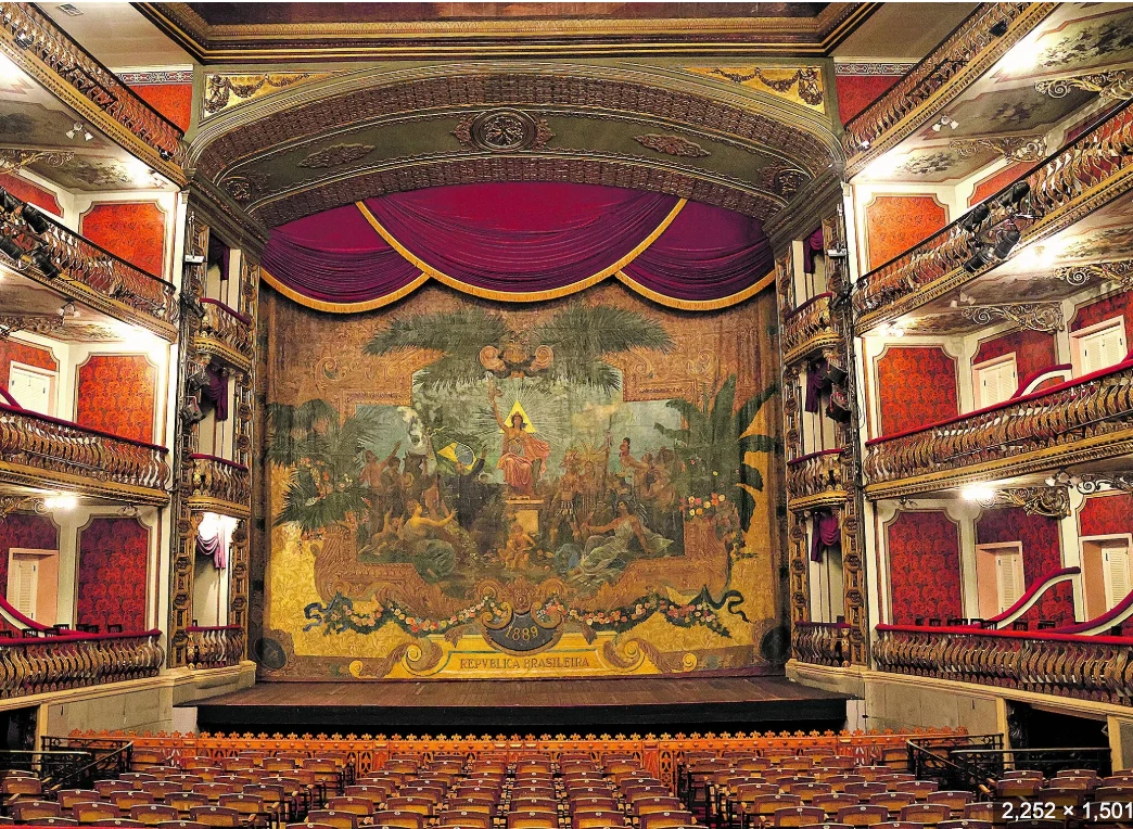 Interior of Theatro da Paz with theatre boxes and historic curtain