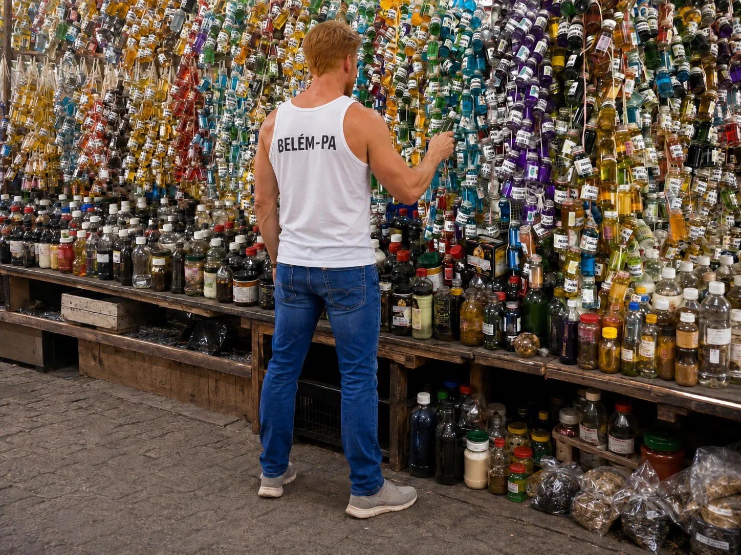 Lipe looking at bottles and herbs at a Ver-o-Peso stall